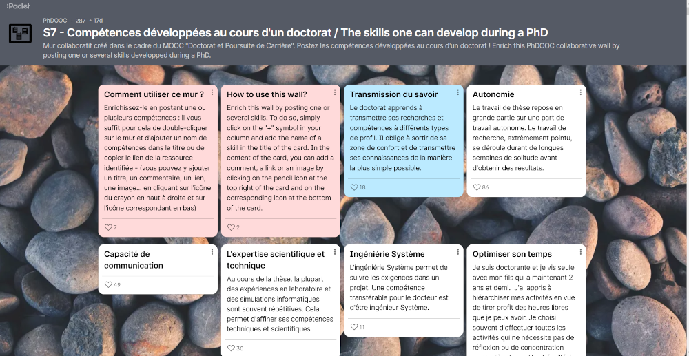 Figure 4. Exemple de Padlet pendant le MOOC : compétences développées au cours d’un doctorat