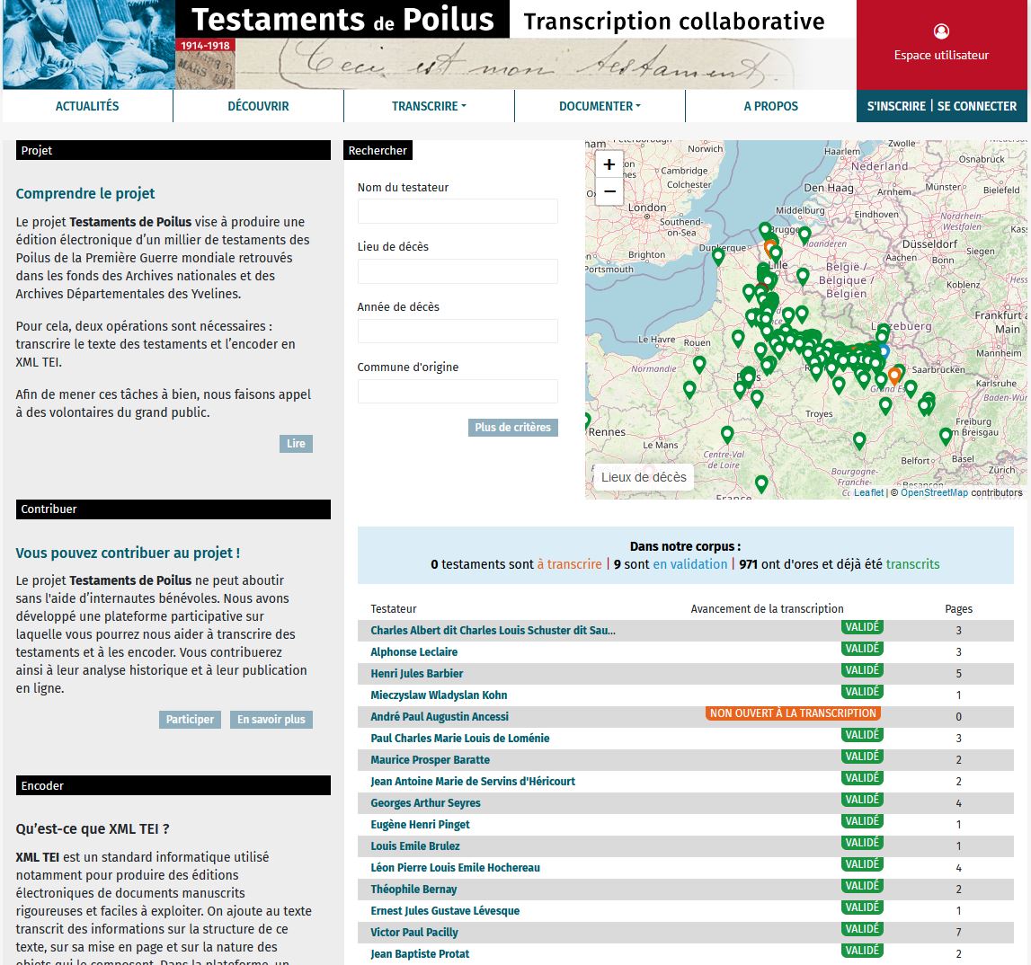 Figure 4. Projet « Testaments de poilus », plateforme de transcription collaborative