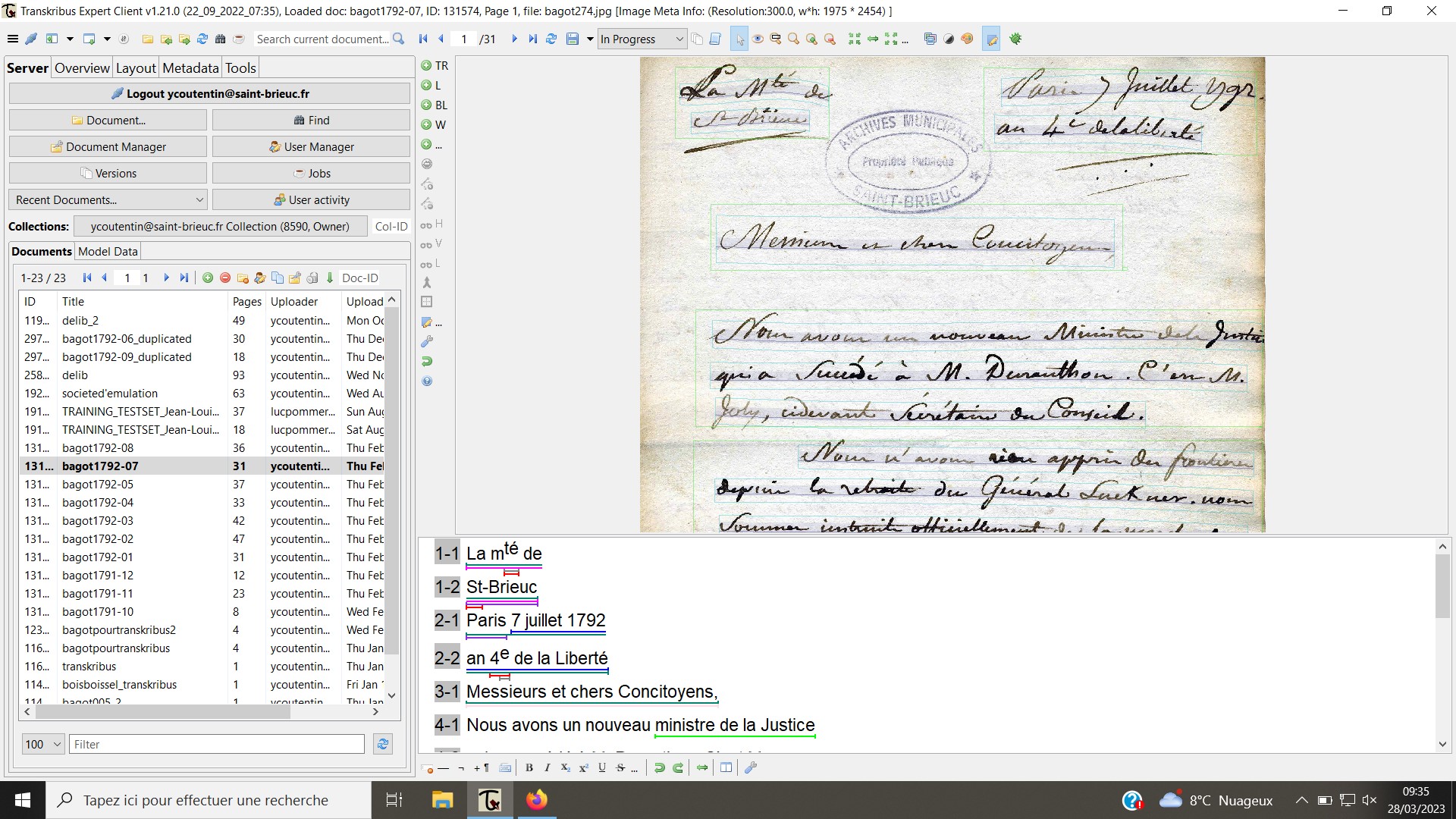 Figure 1. Transcription d’une lettre de Jean-Louis Bagot sur Transkribus