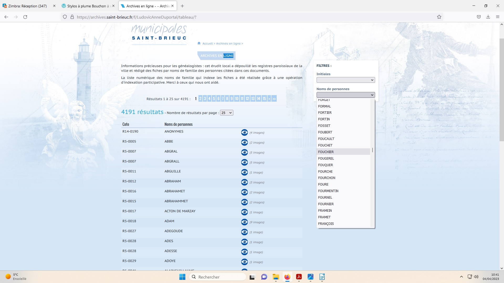 Figure 13. Le fonds indexé sur le site des Archives