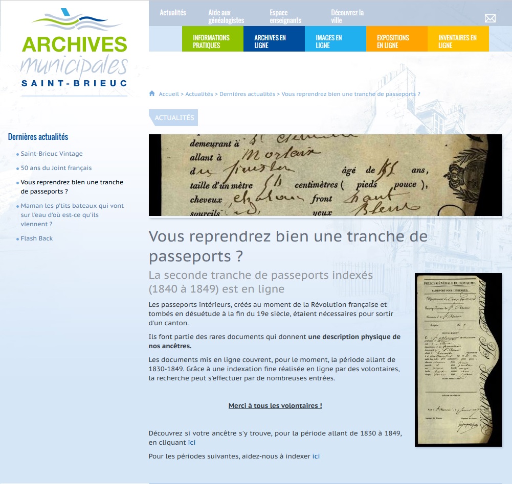 Figure 17. Site des Archives, appel à volontaires