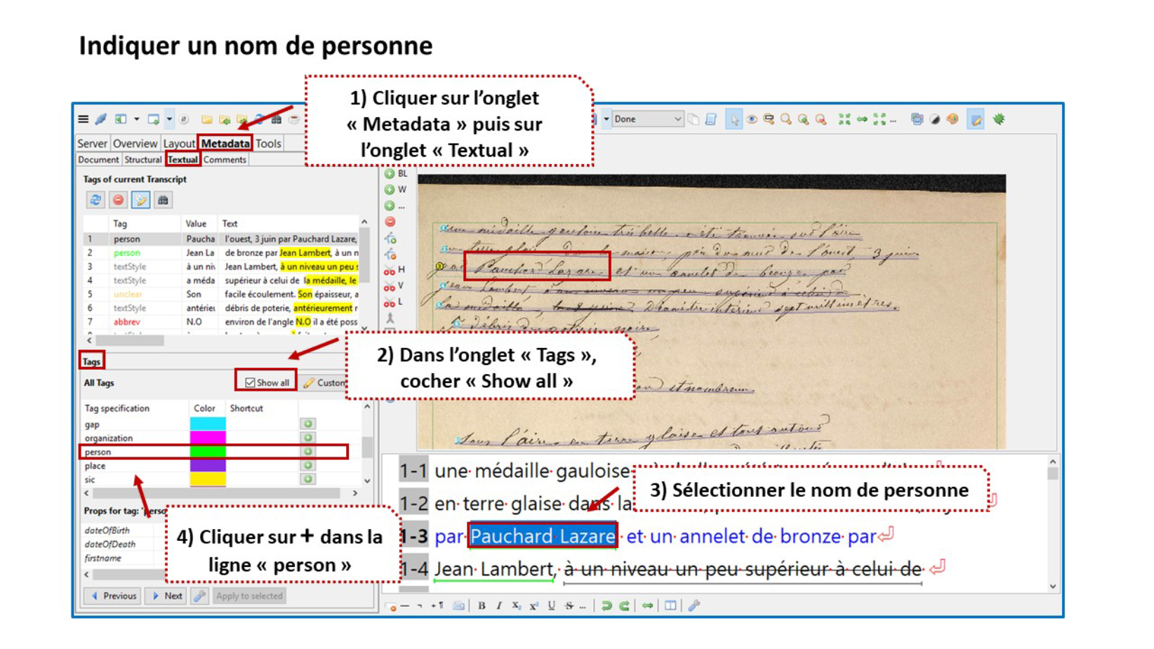 Figure 3. Mode d’emploi de la pose des balises dans Transkribus ©Bibracte-E. Perrin