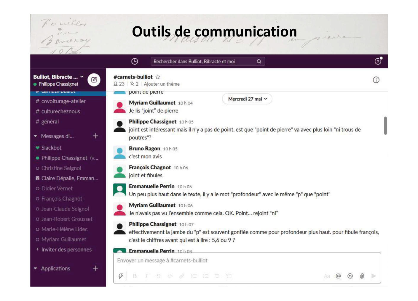 Figure 4. Atelier virtuel dans Slack ©Bibracte