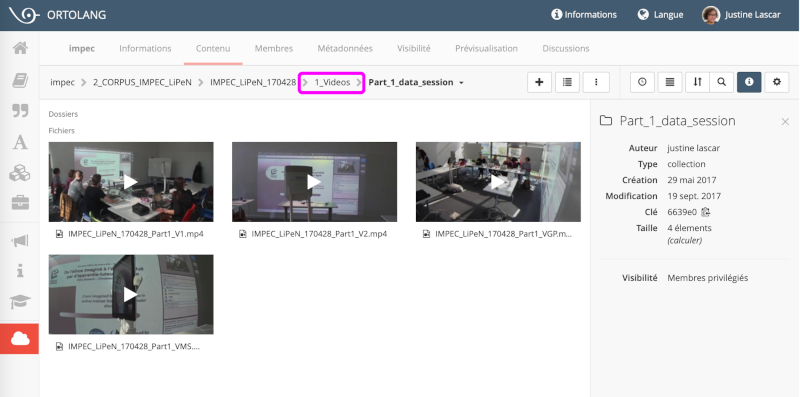 Figure 21 : Corpus vidéo sur la plateforme Ortolang