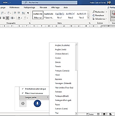 Capture d'écran d'un document Word ouvert avec un focus sur le sous-menu « Langue parlée » du menu des paramètres de la fonction « Reconnaissance vocale » Capture d’écran d’un document Word ouvert avec un focus sur le sous-menu « Langue parlée » du menu des paramètres de la fonction « Reconnaissance vocale » (Source : Pedro Torres)